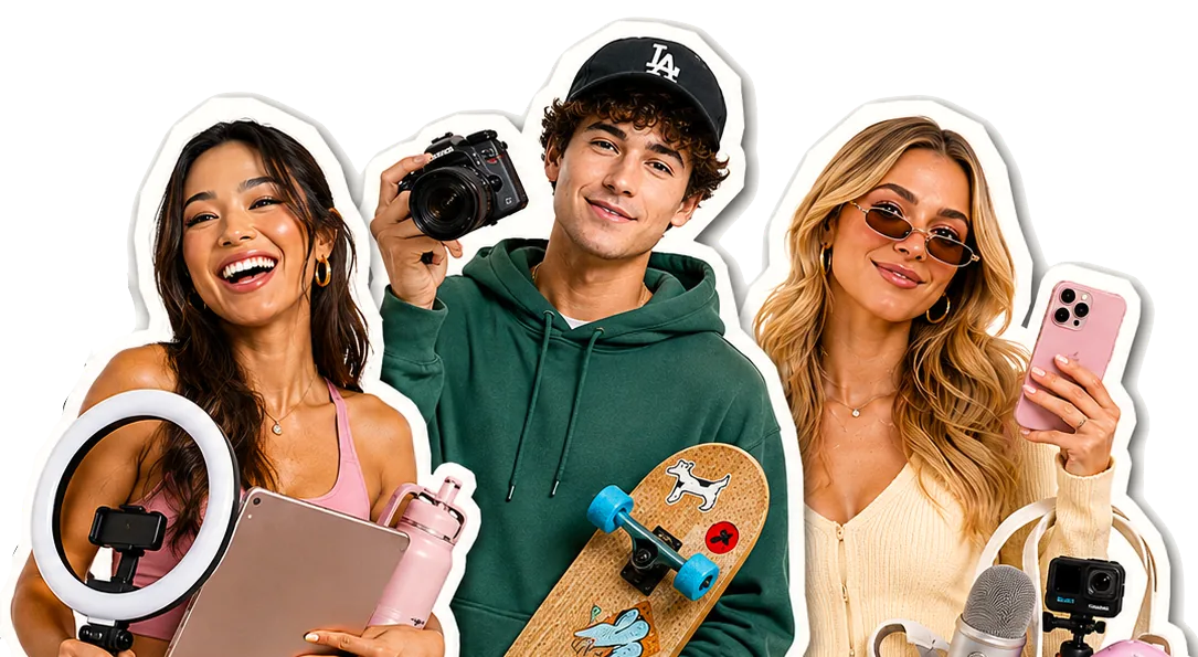 Group of creators holding content equipment and creator products