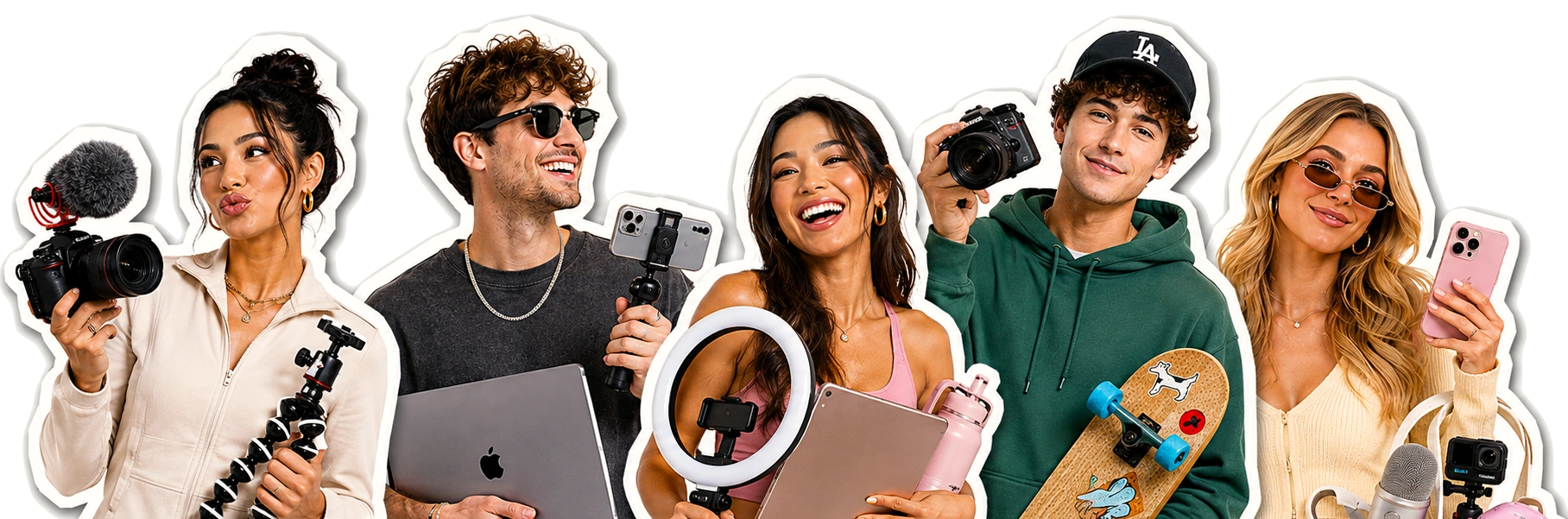 Group of creators holding content equipment and creator products