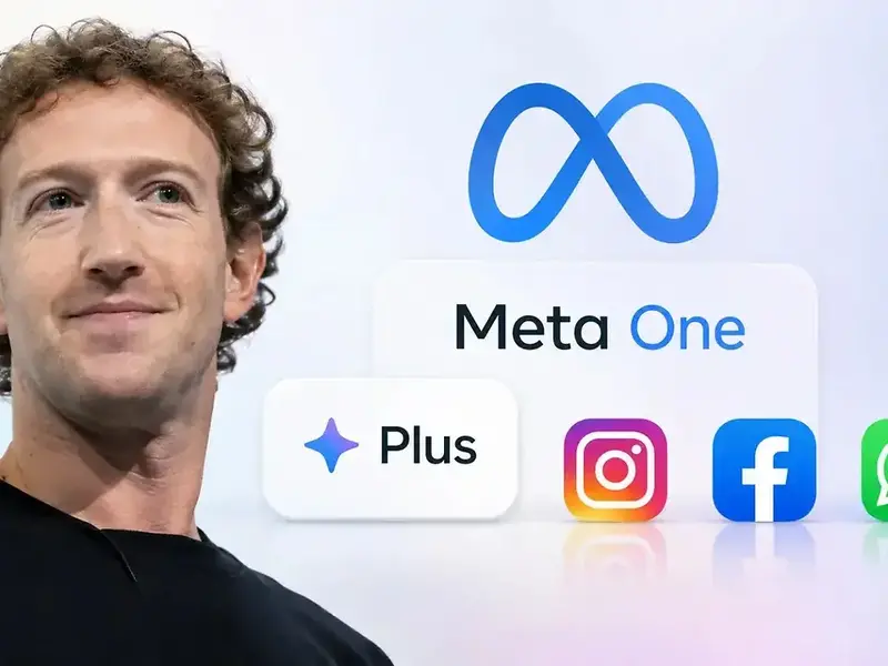 Mark Zuckerberg beside Meta One branding and social platform icons