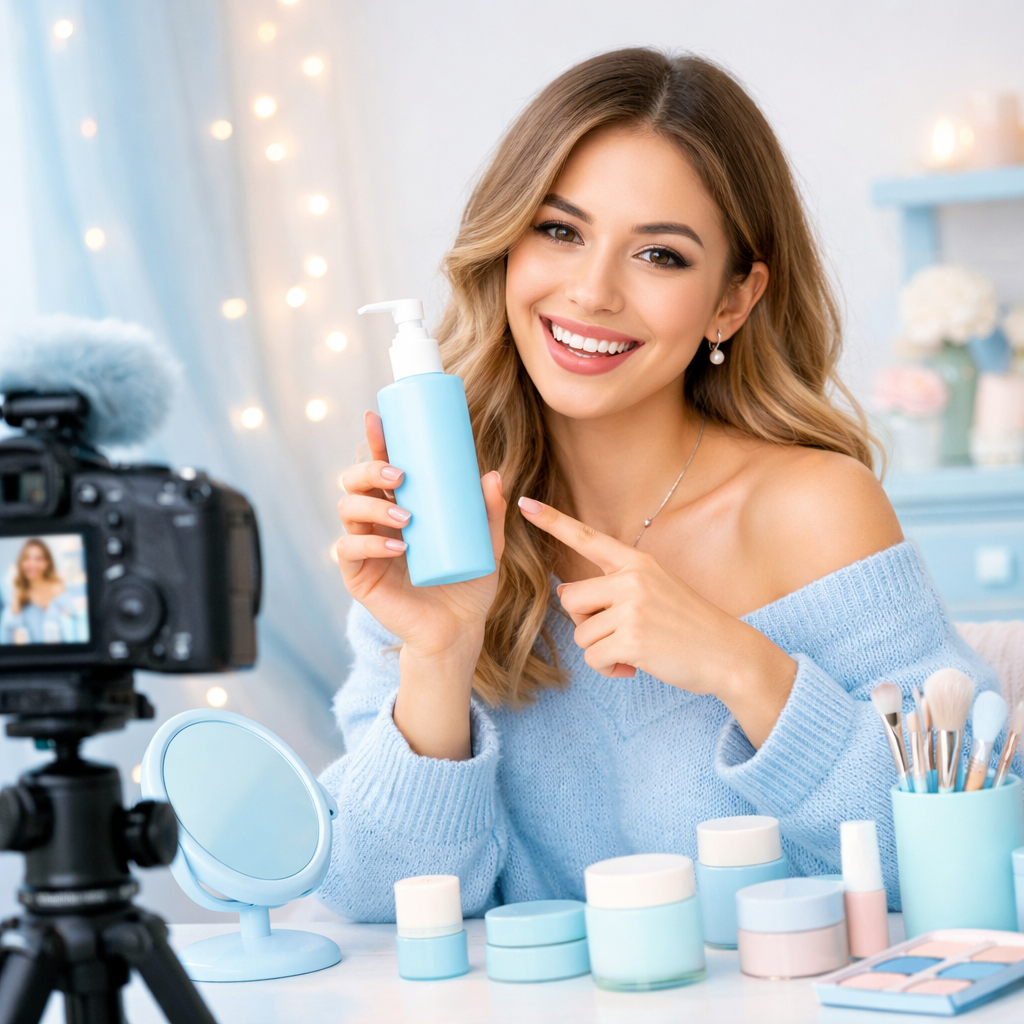 Beauty influencer presenting product